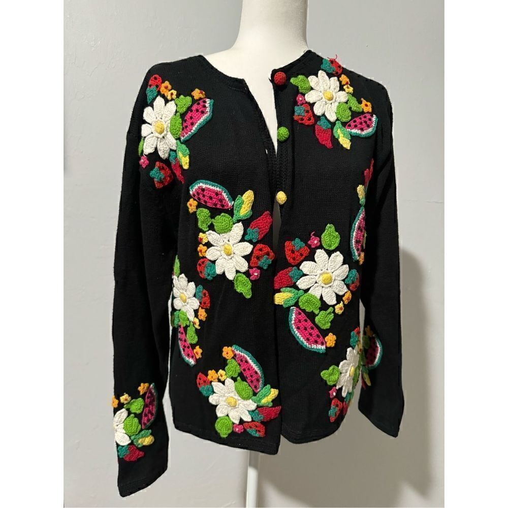 Talbot vintage crotchet fruit flower Black cardigan button front M